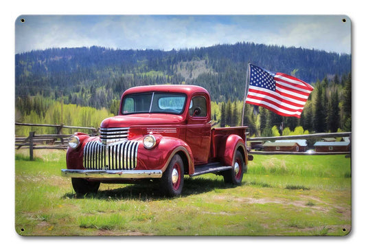 Red Truck American Flag Vintage Sign, Automotive, Metal Sign, Wall Art, 18 X 12 Inches