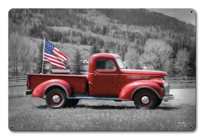 Truck Flag Vintage Sign, Automotive, Metal Sign, Wall Art, 18 X 12 Inches