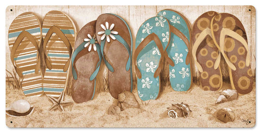 Flip Flops In Sand Vintage Sign, Automotive, Metal Sign, Wall Art, 24 X 12 Inches