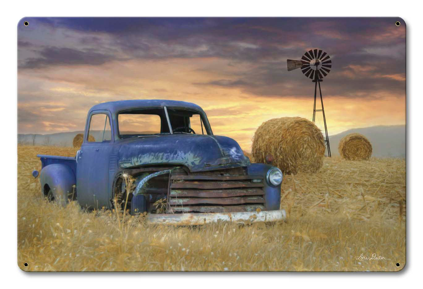 Blue Truck Windmill Vintage Sign, Automotive, Metal Sign, Wall Art, 18 X 12 Inches