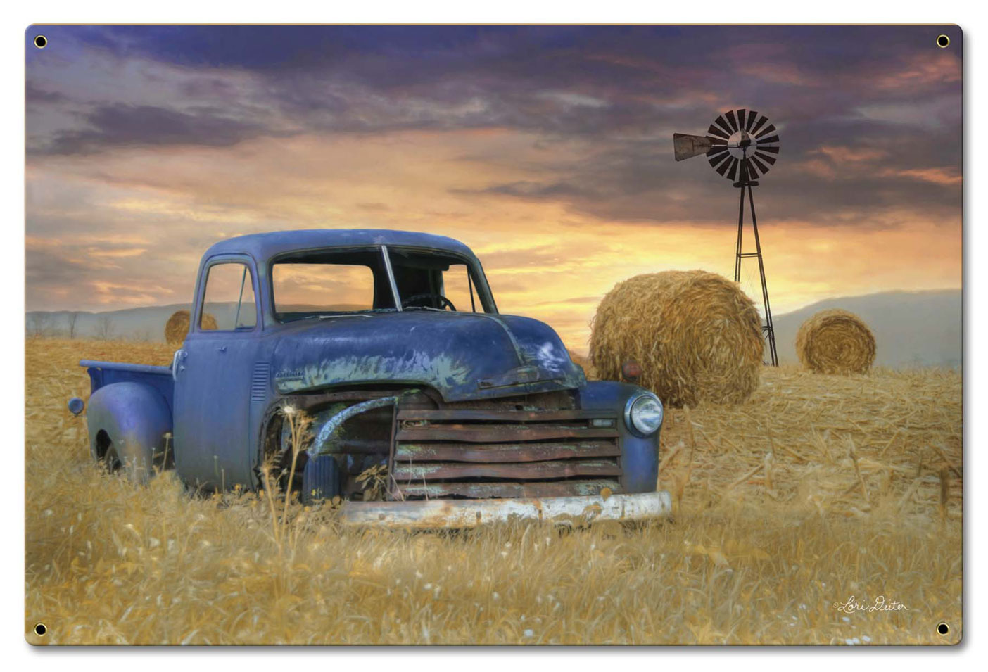 Blue Truck Windmill Vintage Sign, Automotive, Metal Sign, Wall Art, 24 X 16 Inches