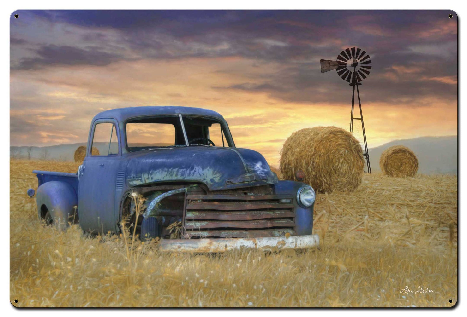 Blue Truck Windmill Vintage Sign, Automotive, Metal Sign, Wall Art, 36 X 24 Inches