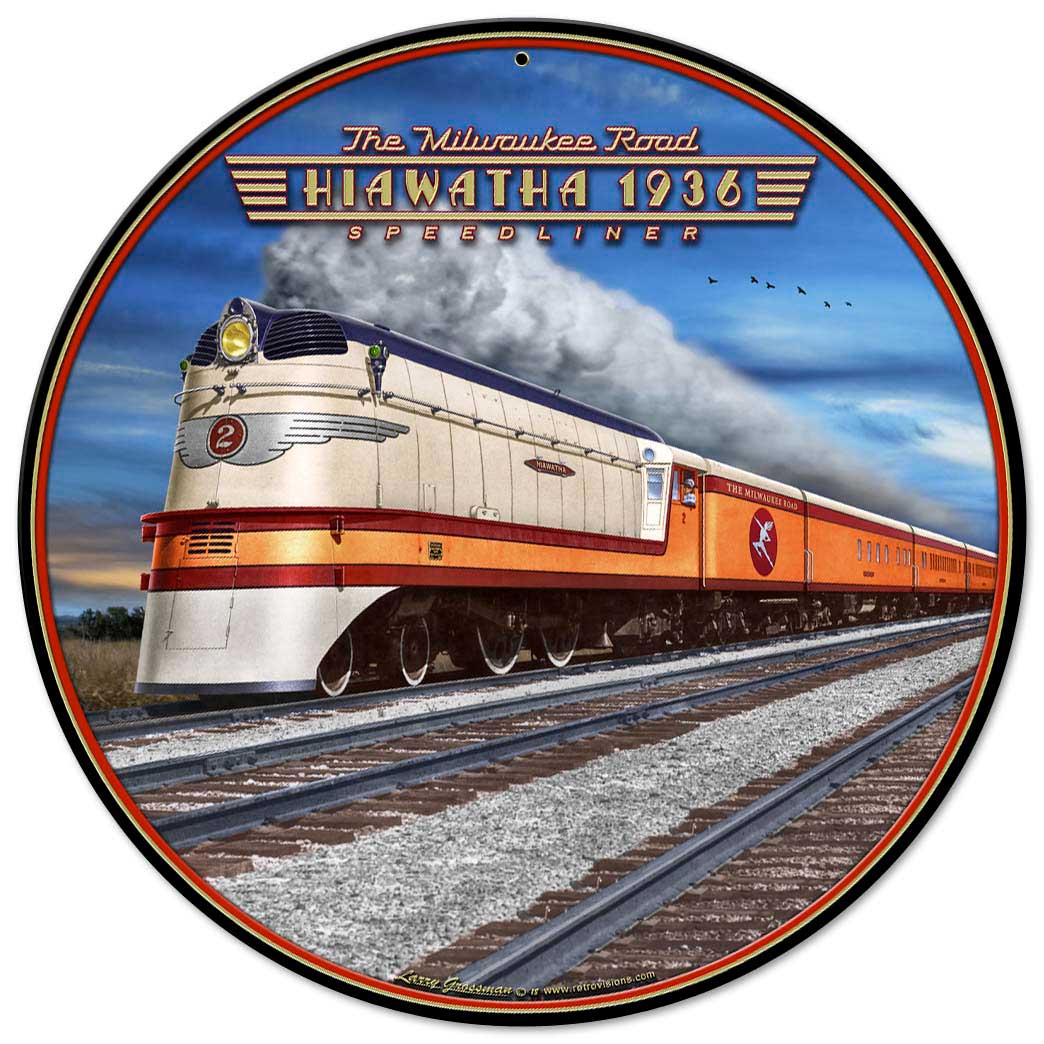 1936 Hiawatha Vintage Sign, Trains, Metal Sign, Wall Art, 14 X 14 Inches