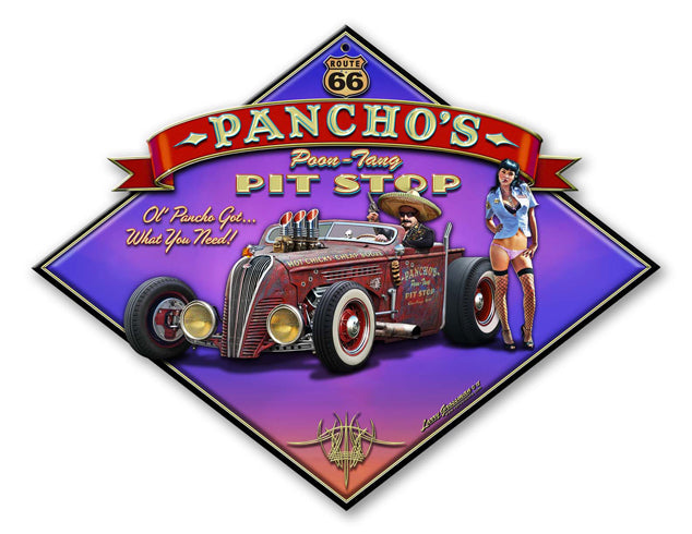 Pancho's Poon-Tang Pit Stop Vintage Sign, Automotive, Metal Sign, Wall Art, 20 X 16 Inches