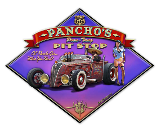 Pancho's Poon-Tang Pit Stop Vintage Sign, Automotive, Metal Sign, Wall Art, 16 X 13 Inches