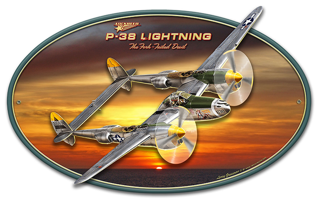 3-D P-38 Vintage Sign, 3-D, Metal Sign, Wall Art, 20 X 12 Inches
