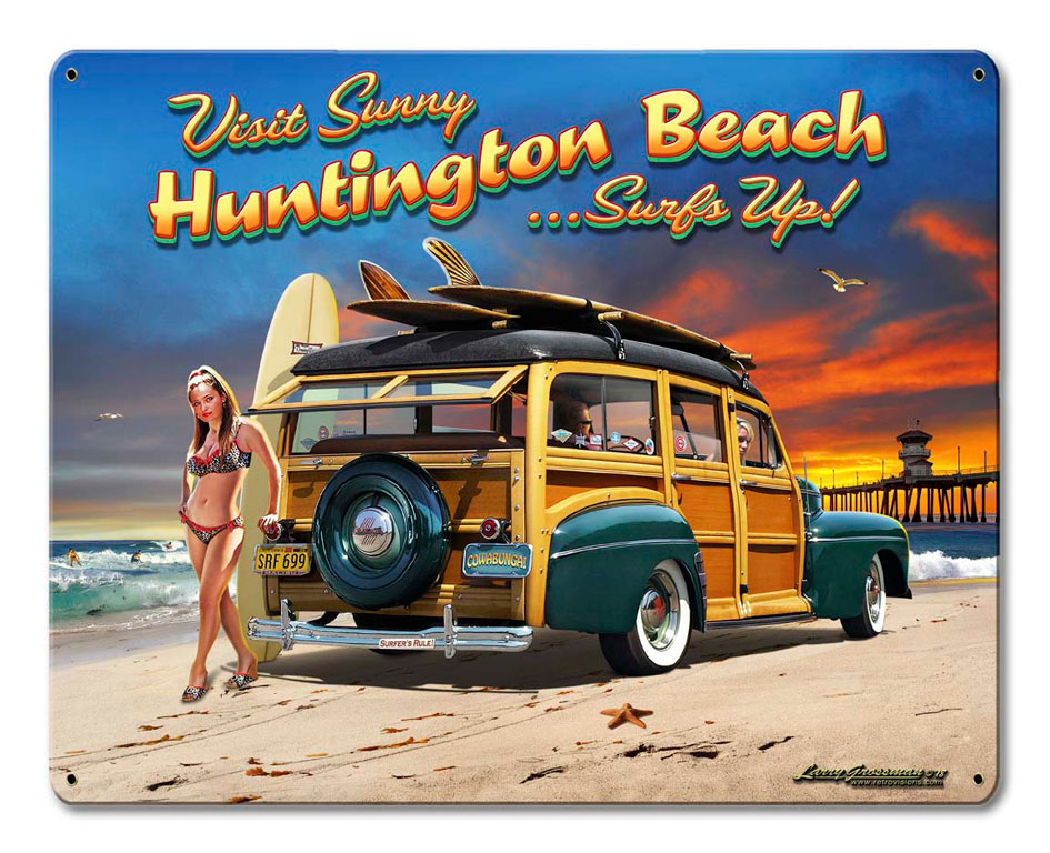 Huntington Beach Vintage Sign, Automotive, Metal Sign, Wall Art, 15 X 12 Inches