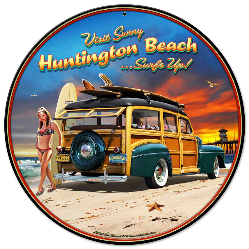 Huntington Beach Vintage Sign, Automotive, Metal Sign, Wall Art, 14 X 14 Inches