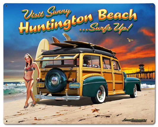 Huntington Beach Vintage Sign, Automotive, Metal Sign, Wall Art, 30 X 24 Inches