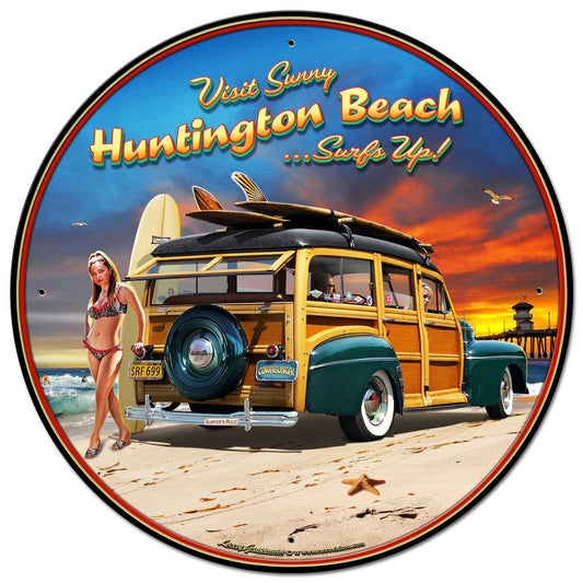 Huntington Beach Vintage Sign, Automotive, Metal Sign, Wall Art, 28 X 28 Inches
