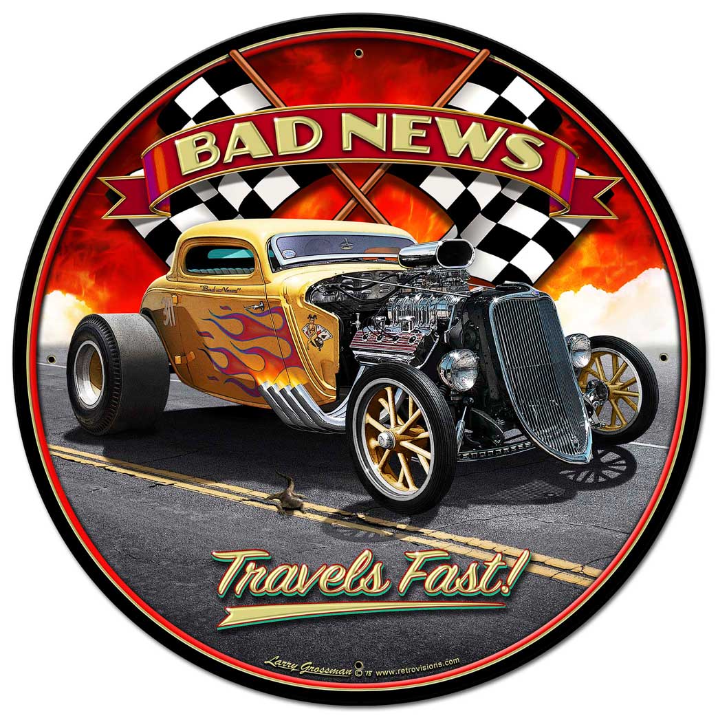 1933 Bad News Vintage Sign, Automotive, Metal Sign, Wall Art, 28 X 28 Inches
