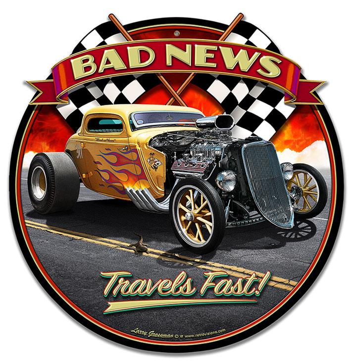 1933 Bad News Vintage Sign, Automotive, Metal Sign, Wall Art, 18 X 18 Inches
