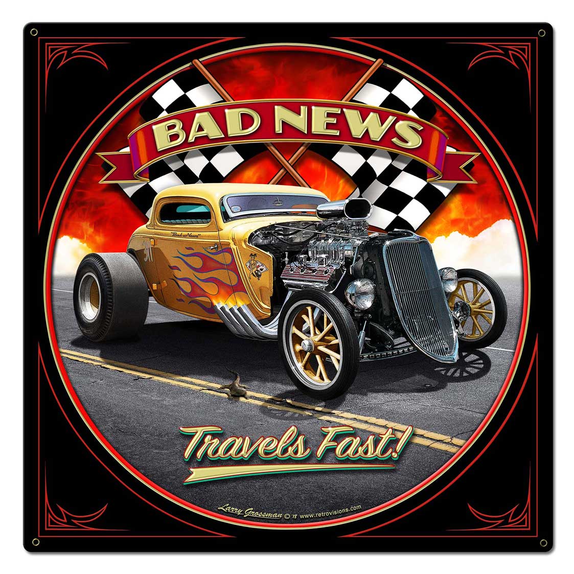 1933 Bad News Vintage Sign, Automotive, Metal Sign, Wall Art, 24 X 24 Inches