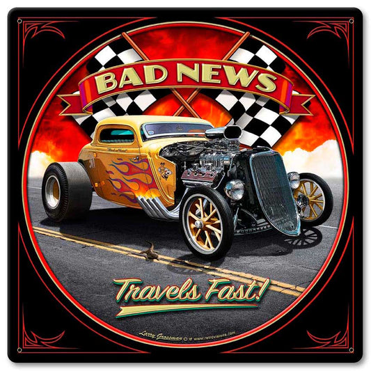 1933 Bad News Vintage Sign, Automotive, Metal Sign, Wall Art, 12 X 12 Inches