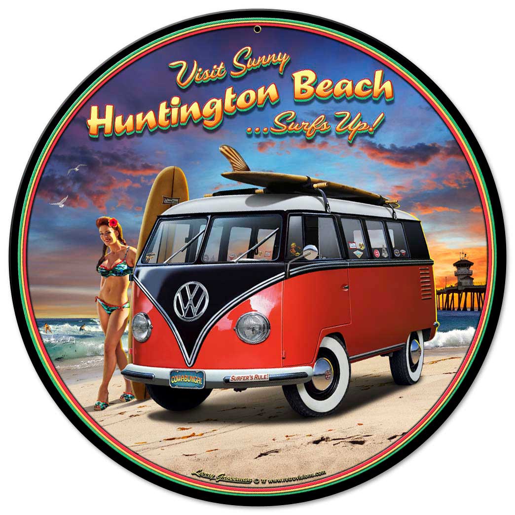 Huntington Beach VW Vintage Sign, Automotive, Metal Sign, Wall Art, 14 X 14 Inches