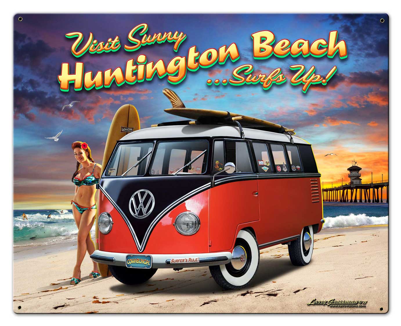 Huntington Beach VW Vintage Sign, Automotive, Metal Sign, Wall Art, 30 X 24 Inches