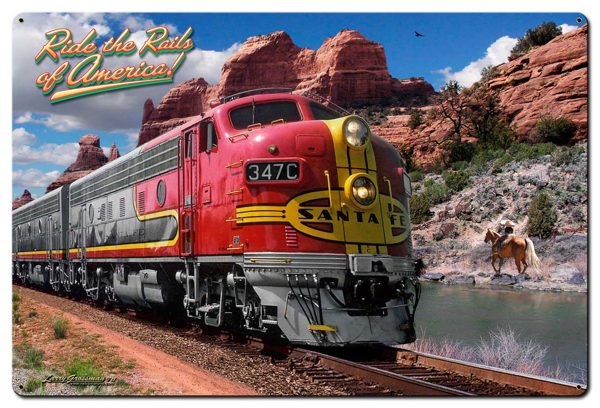 Ride The Rails Of America Vintage Sign, Automotive, Metal Sign, Wall Art, 36 X 24 Inches