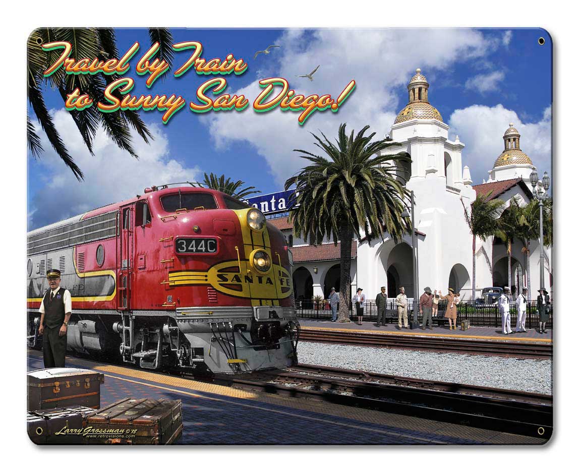 Travel By Train Vintage Sign, Automotive, Metal Sign, Wall Art, 15 X 12 Inches