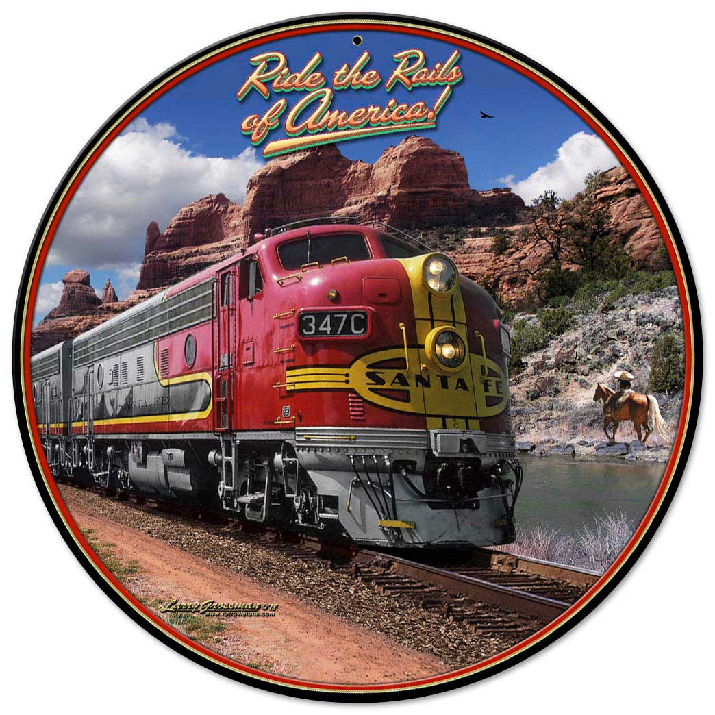 Ride The Rails Of America Vintage Sign, Automotive, Metal Sign, Wall Art, 14 X 14 Inches