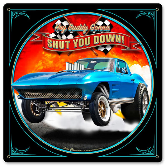 1963 SHUT DOWN Vintage Sign, Automotive, Metal Sign, Wall Art, 12 X 12 Inches