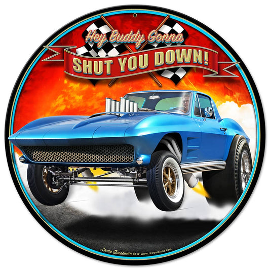 1963 SHUT DOWN Vintage Sign, Automotive, Metal Sign, Wall Art, 14 X 14 Inches