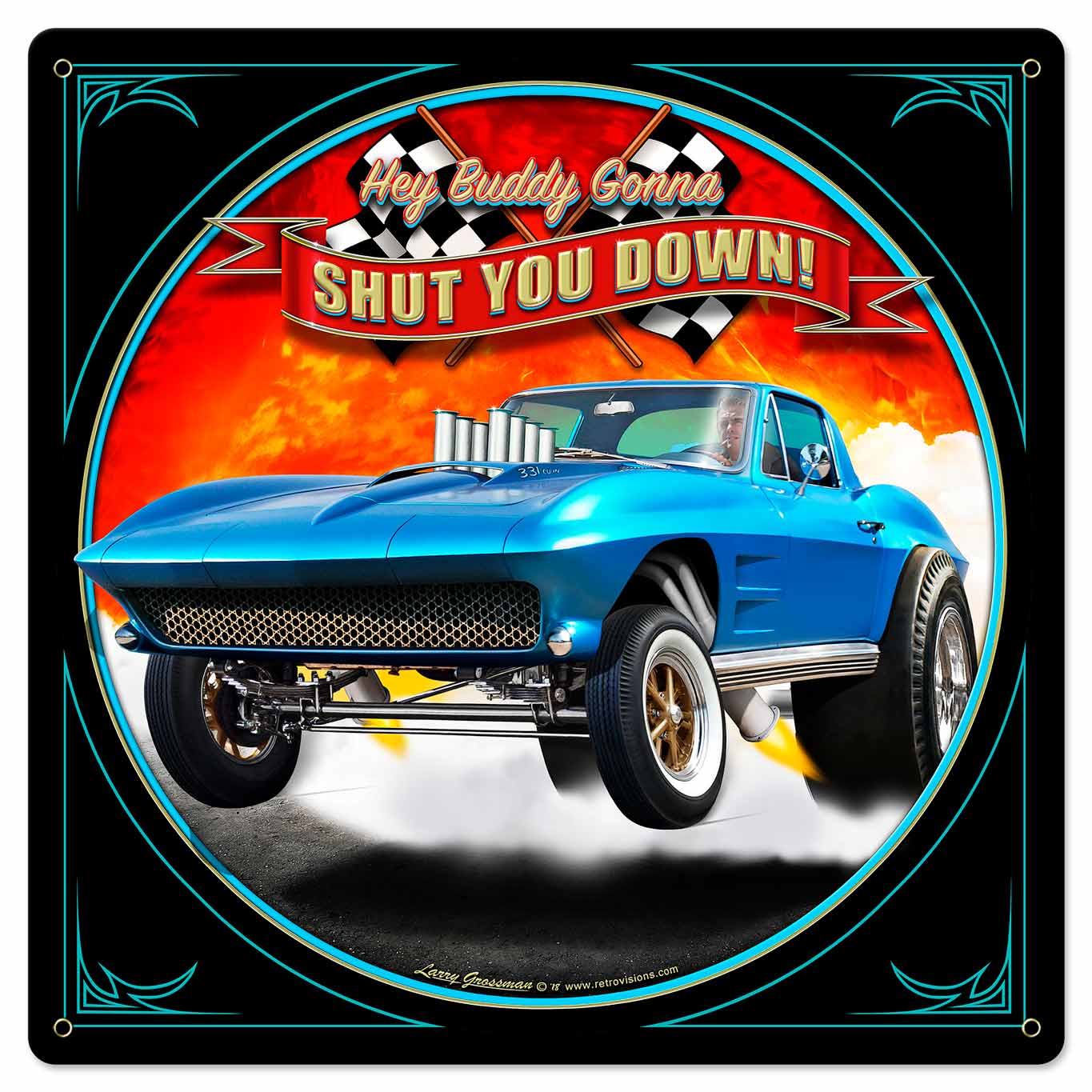 1963 SHUT DOWN Vintage Sign, Automotive, Metal Sign, Wall Art, 24 X 24 Inches