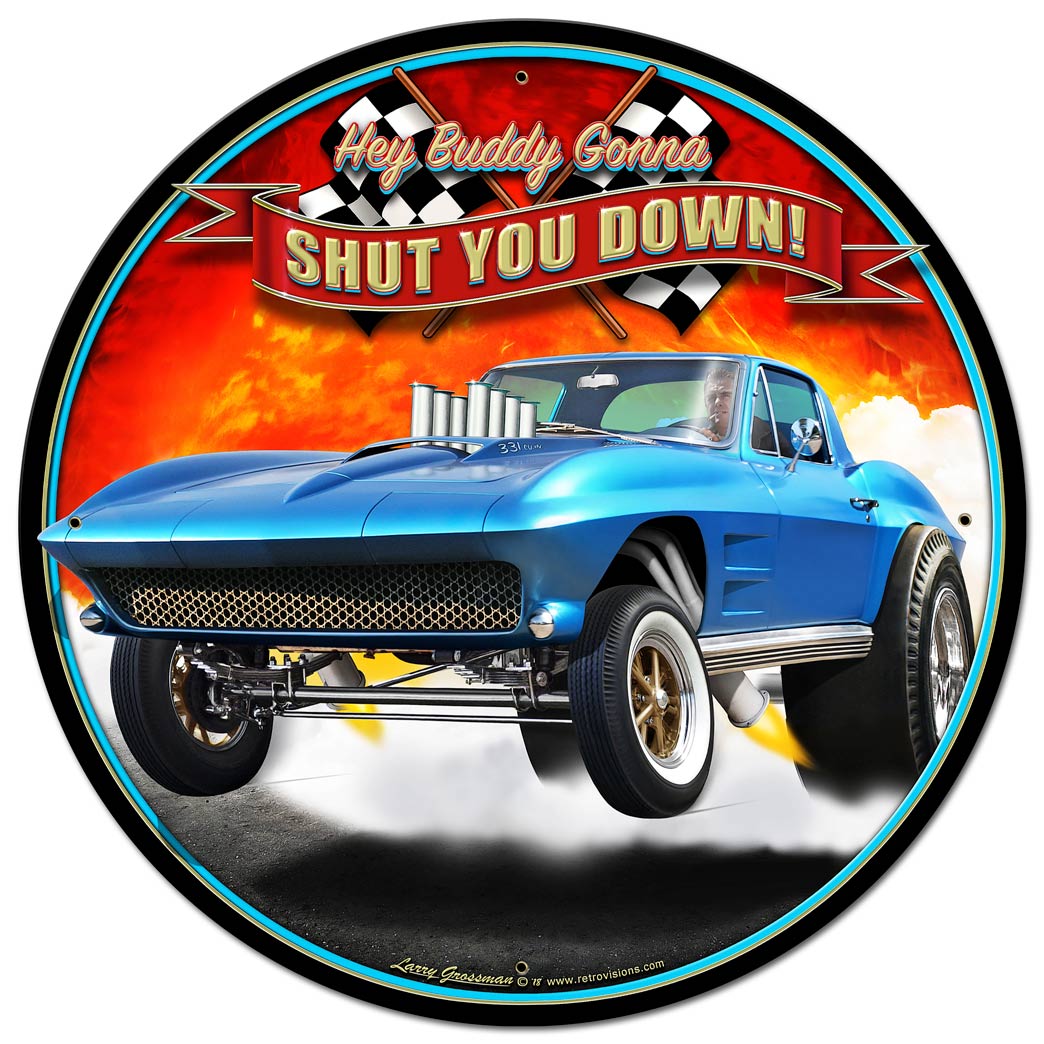 1963 SHUT DOWN Vintage Sign, Automotive, Metal Sign, Wall Art, 28 X 28 Inches