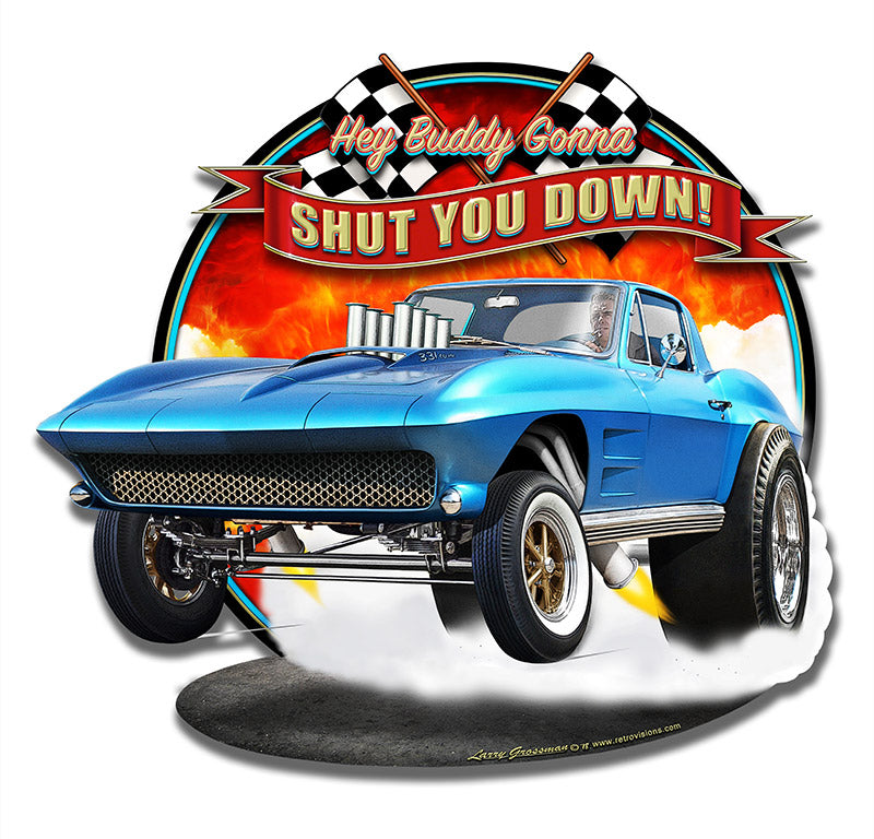 1963 SHUT DOWN CUTOUT Vintage Sign, Automotive, Metal Sign, Wall Art, 17 X 15 Inches