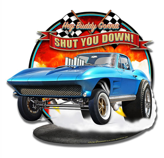 1963 SHUT DOWN CUTOUT Vintage Sign, Automotive, Metal Sign, Wall Art, 17 X 15 Inches