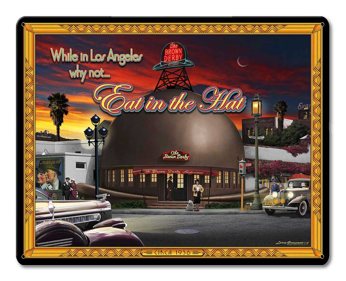 Brown Derby Vintage Sign, Automotive, Metal Sign, Wall Art, 15 X 12 Inches
