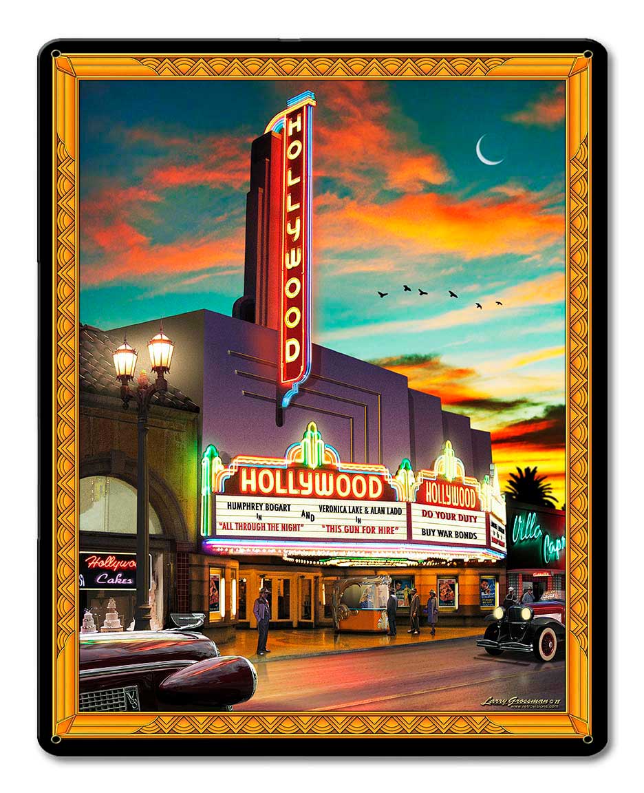 Hollywood Theatre Vintage Sign, Automotive, Metal Sign, Wall Art, 12 X 15 Inches