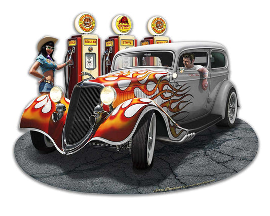 1934 Rod Sedan Fill-up WG Vintage Sign, Automotive, Metal Sign, Wall Art, 18 X 14 Inches
