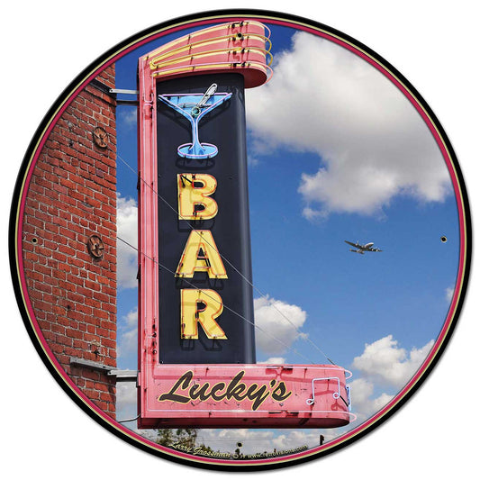 Lucky's Bar Vintage Sign, Automotive, Metal Sign, Wall Art, 28 X 28 Inches