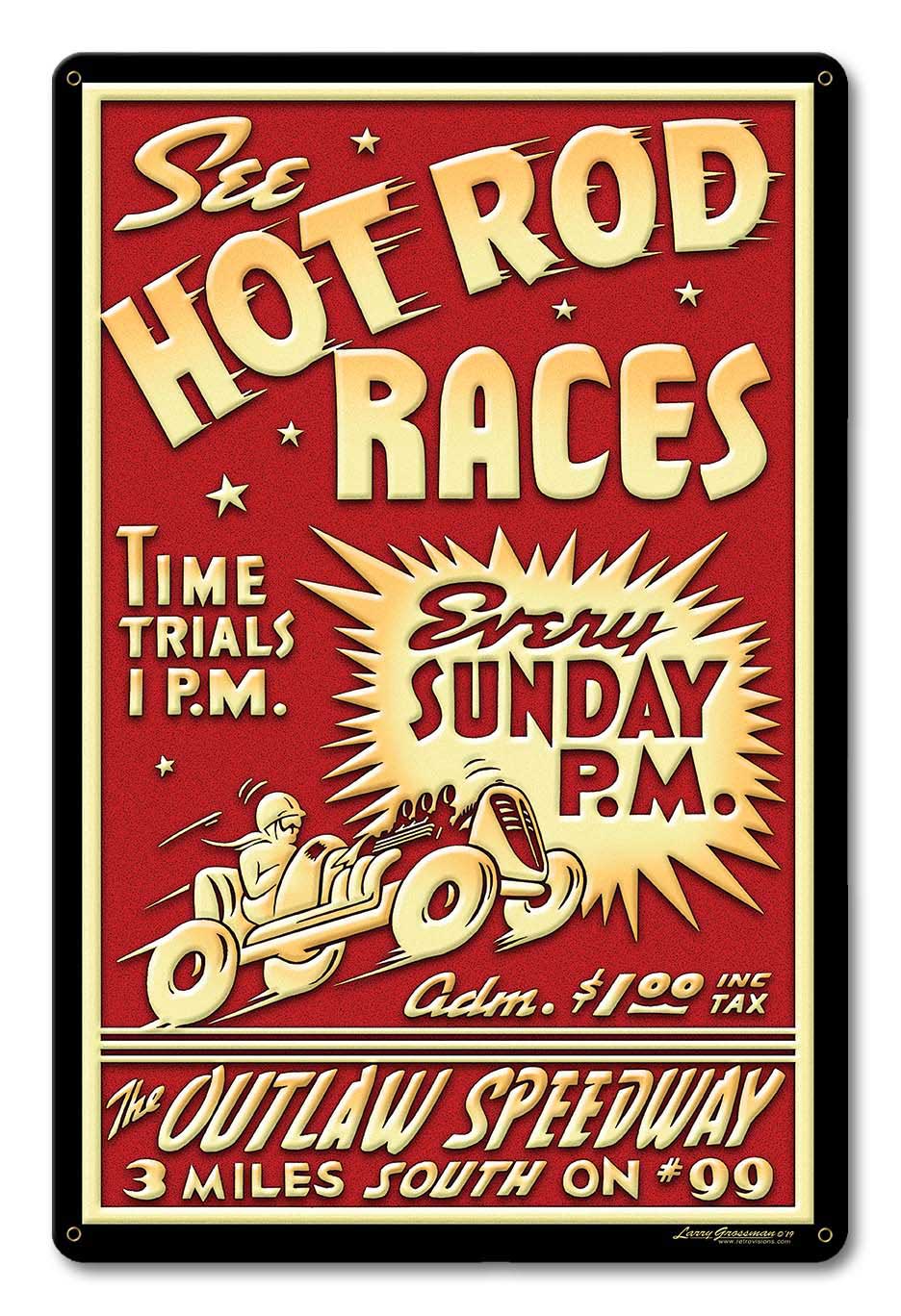1950's Hot Rod Races Vintage Sign, Automotive, Metal Sign, Wall Art, 12 X 18 Inches