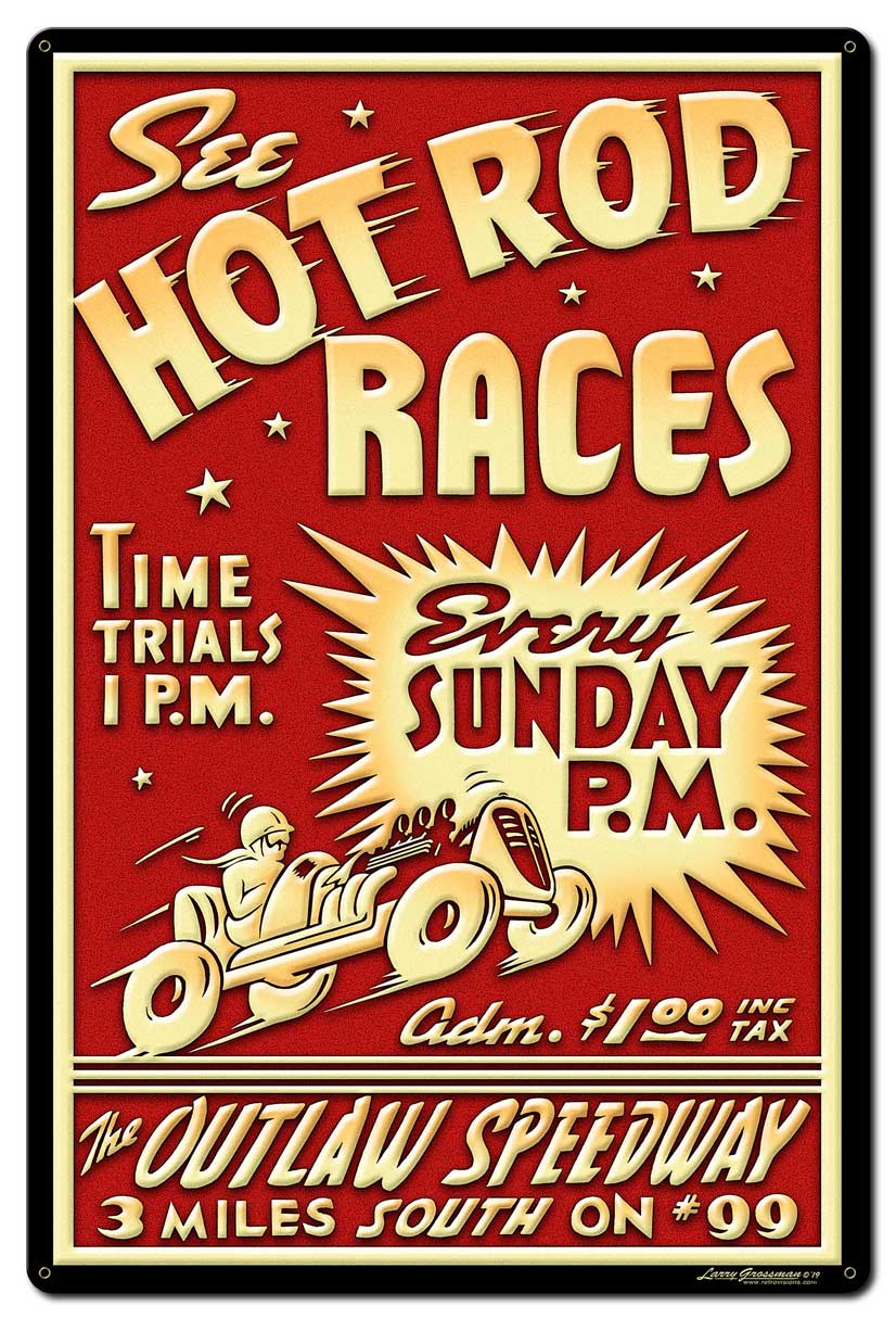 1950's Hot Rod Races Vintage Sign, Automotive, Metal Sign, Wall Art, 24 X 36 Inches