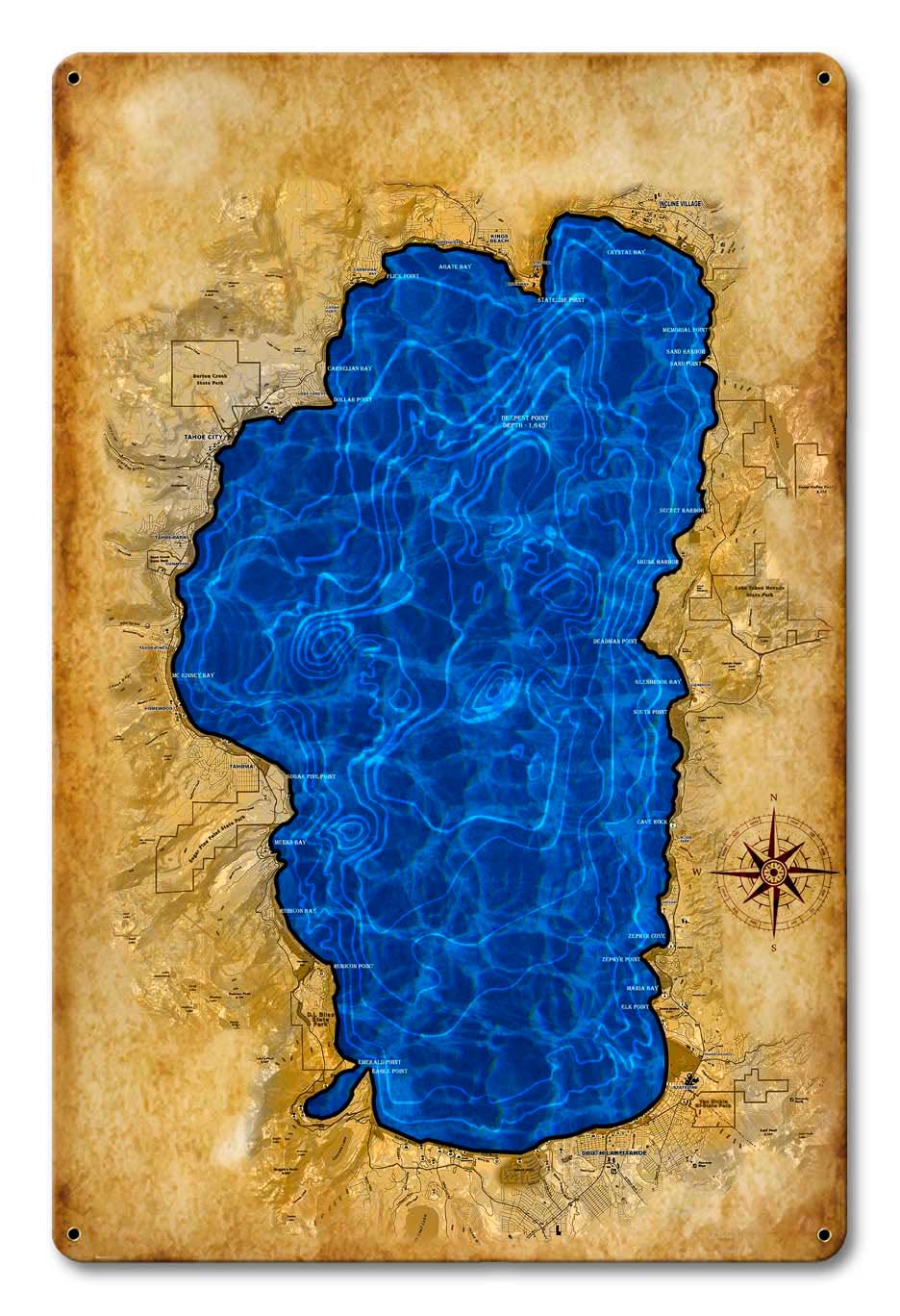 Lake TAhoe Map Vintage Sign, Travel, Metal Sign, Wall Art, 12 X 18 Inches