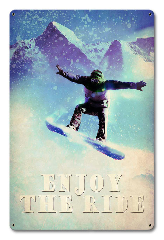 Snowboarder Enjoy The Ride Vintage Sign, Sports and Recreation, Metal Sign, Wall Art, 12 X 18 Inches
