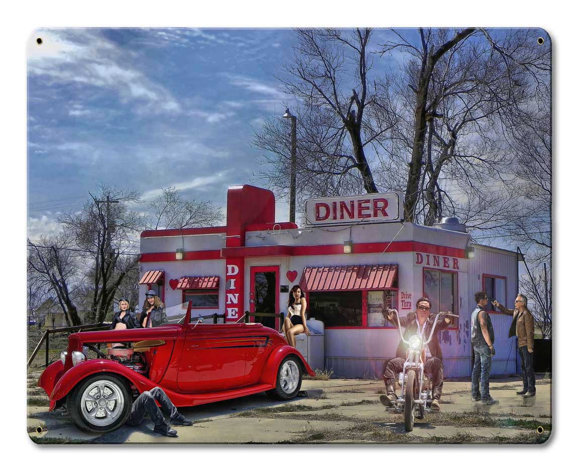 Red Heart Diner Vintage Sign, Automotive, Metal Sign, Wall Art, 15 X 12 Inches