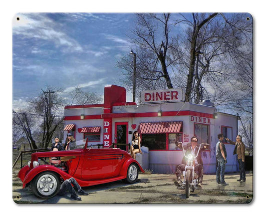 Red Heart Diner Vintage Sign, Automotive, Metal Sign, Wall Art, 15 X 12 Inches