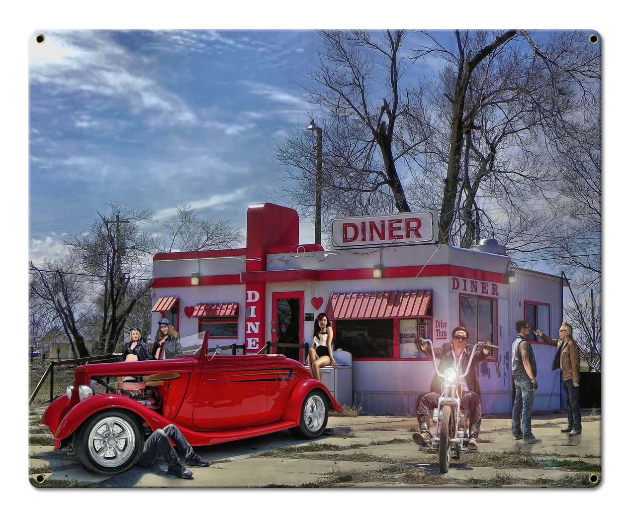 Red Heart Diner Vintage Sign, Automotive, Metal Sign, Wall Art, 20 X 16 Inches