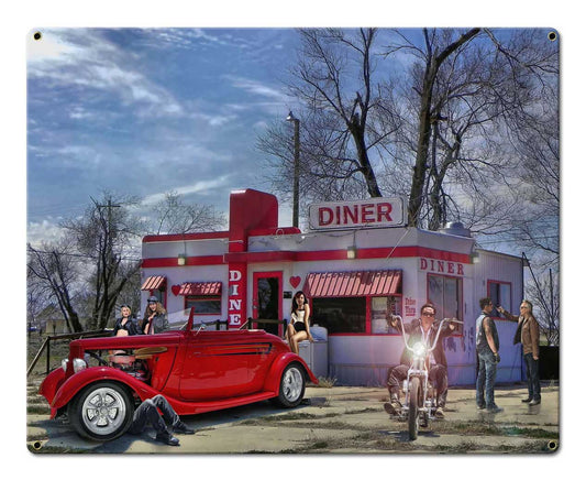 Red Heart Diner Vintage Sign, Automotive, Metal Sign, Wall Art, 20 X 16 Inches