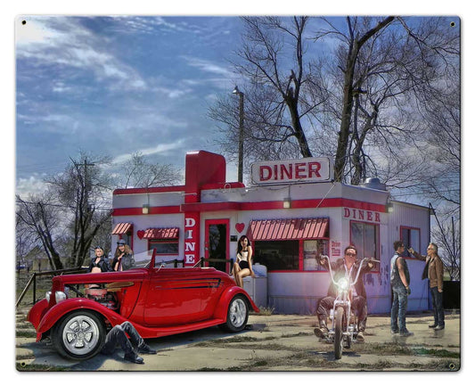Red Heart Diner Vintage Sign, Automotive, Metal Sign, Wall Art, 30 X 24 Inches
