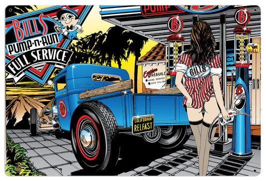 BILL'S PUMP AND RUN FULL SERVICE , Automotive, Metal Sign, Wall Art, 24 X 36 Inches