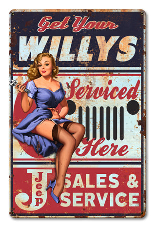 Willys Serviced Here Vintage Sign, Other, Metal Sign, Wall Art, 12 X 18 Inches