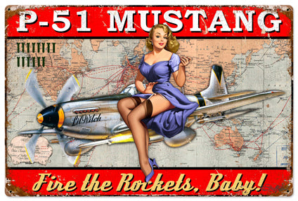P-51 Mustang Pinup Vintage Sign, Other, Metal Sign, Wall Art, 30 X 20 Inches