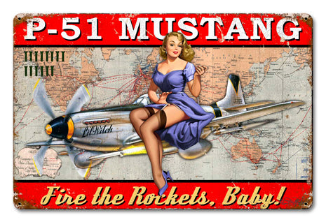 P-51 Mustang Pinup Vintage Sign, Other, Metal Sign, Wall Art, 18 X 12 Inches