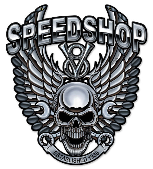 Speedshop Wrench Pipe Skull Vintage Sign, Other, Metal Sign, Wall Art, 18 X 20 Inches