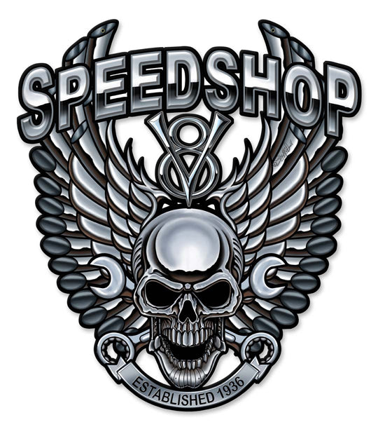 Speedshop Wrench Pipe Skull Vintage Sign, Other, Metal Sign, Wall Art, 14 X 16 Inches