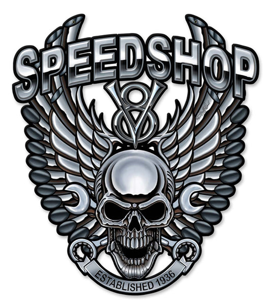 Speedshop Wrench Pipe Skull Vintage Sign, Other, Metal Sign, Wall Art, 14 X 16 Inches