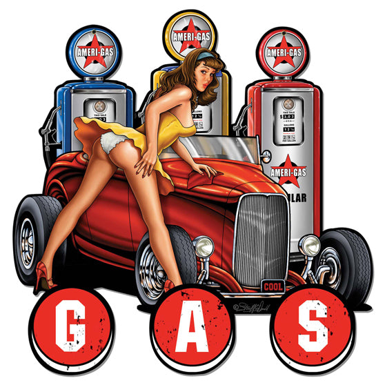 Gas Pump Pinup Hot Rod Vintage Sign, Oil & Petro, Metal Sign, Wall Art, 24 X 24 Inches
